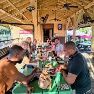 Dinglasan Lab members and friends at a local Gainesville spot, they are putting together a STEM-themed Lego set