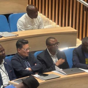 Dr Rhoel Dingalasan in a One Health Genomics Symposium in Nigeria in 2024. Next to collaborators: Dr Placide Mbala, Dr Charles Wondji, and Dr Christian Happi